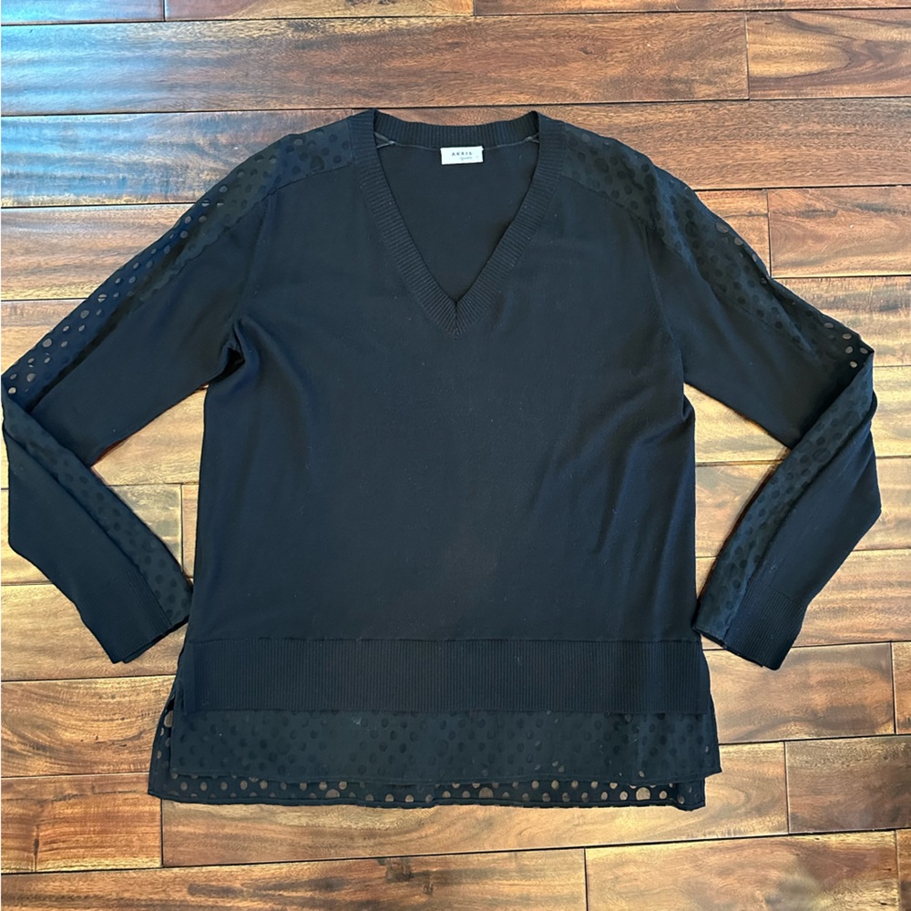 AKRIS Punto 100% Wool Sweater with Burn Cut Lace Plisse Sleeves Size 10